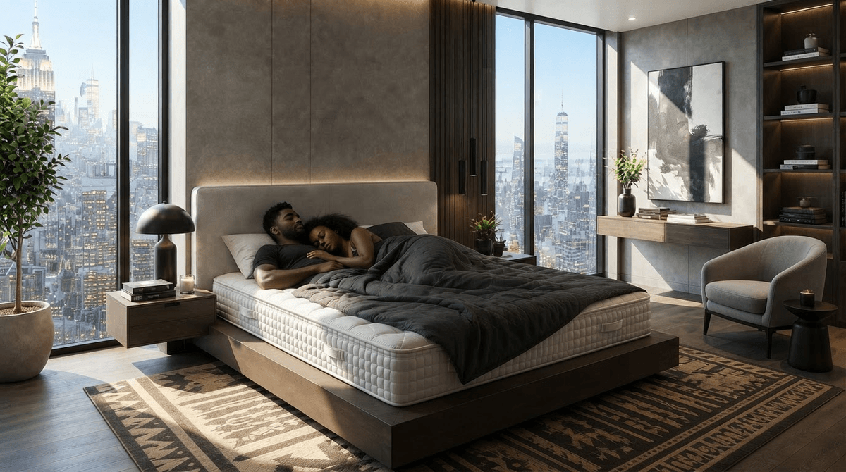 Couple sleeping soundly in a bedroom overlooking the city skyline