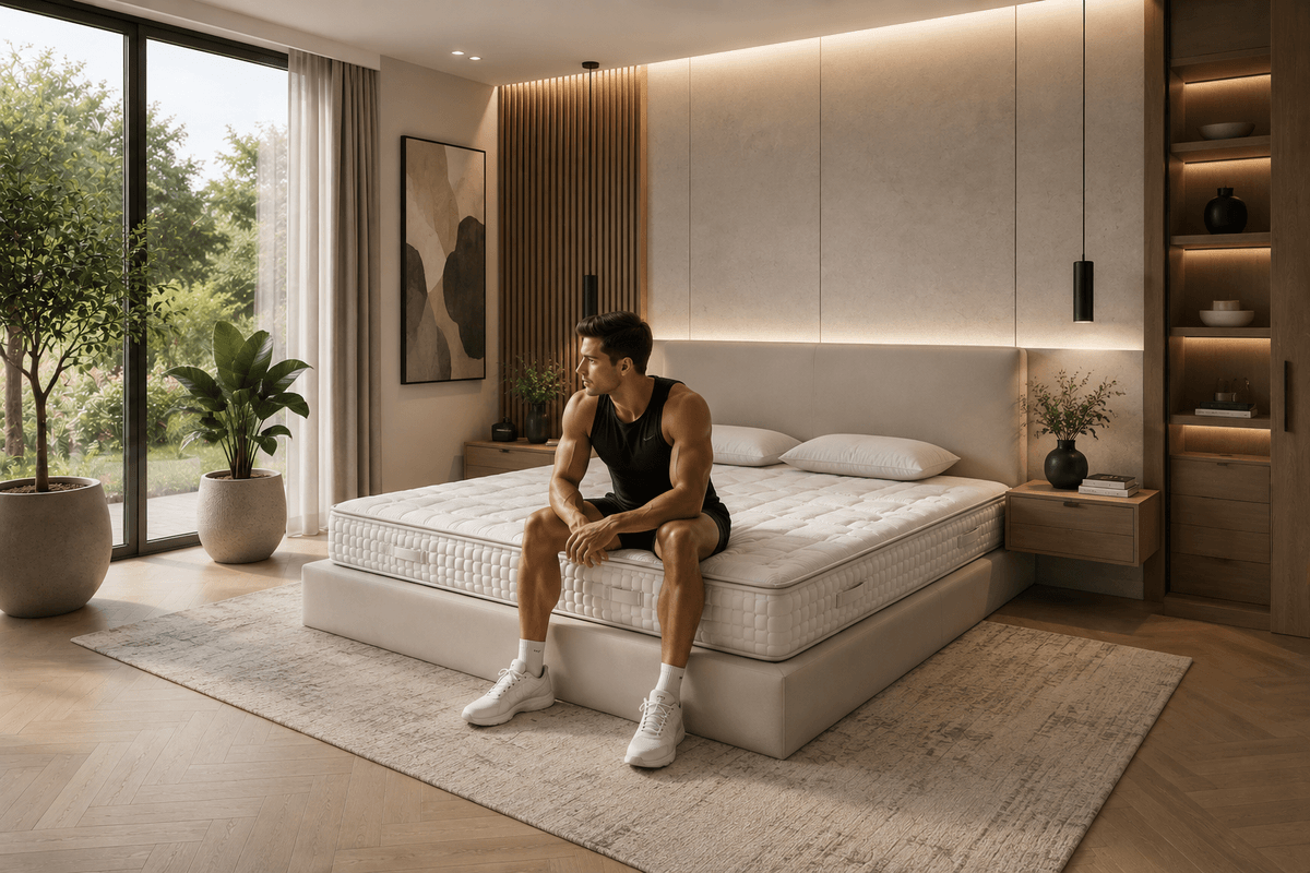 Man sitting on the edge of the Grounding Mattress in a modern bedroom